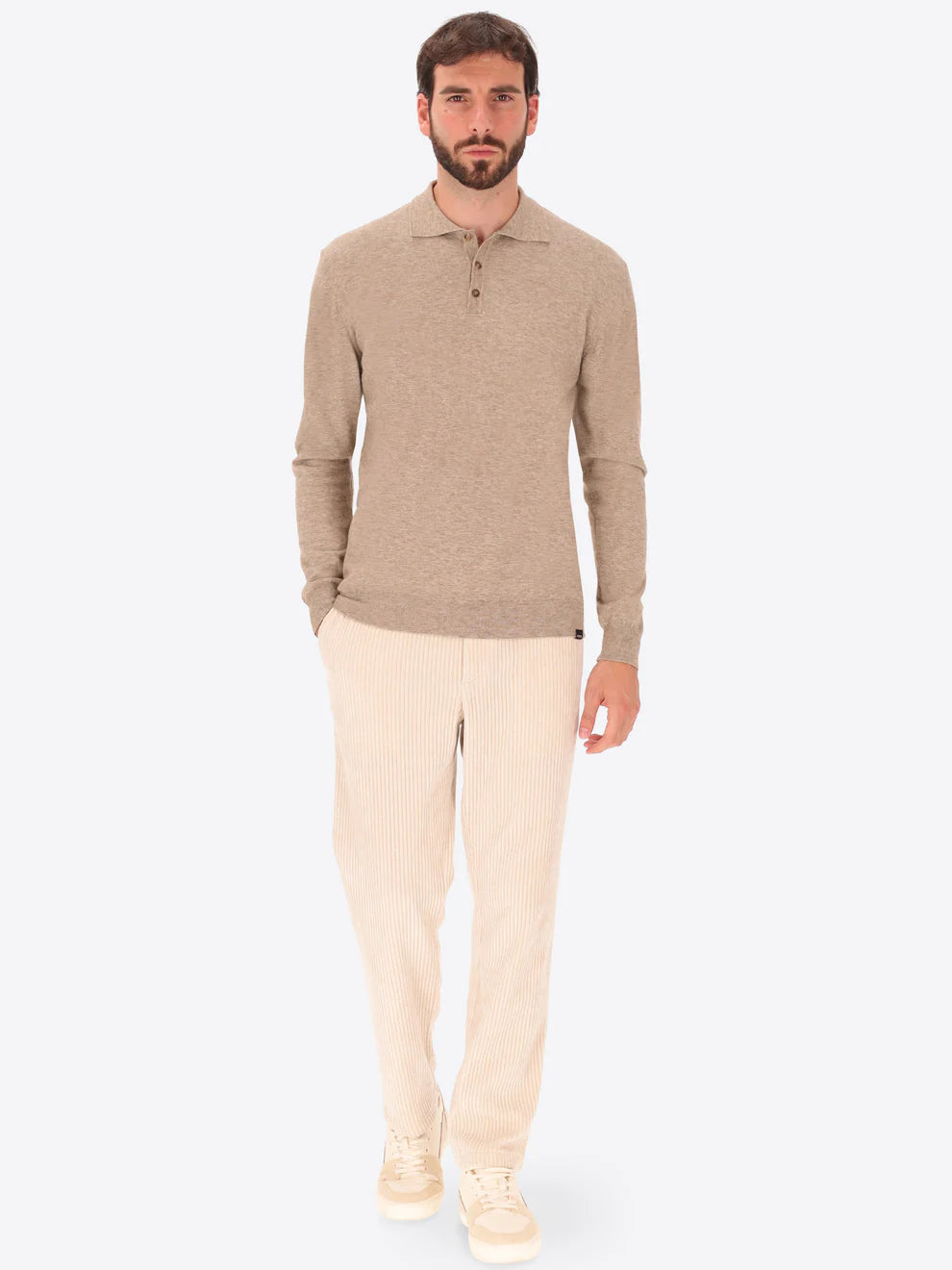 Male model wearing long sleeve polo shirt knitwear by distretto12 in mud colour