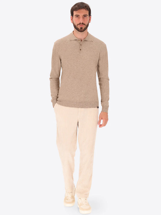 Male model wearing long sleeve polo shirt knitwear by distretto12 in mud colour