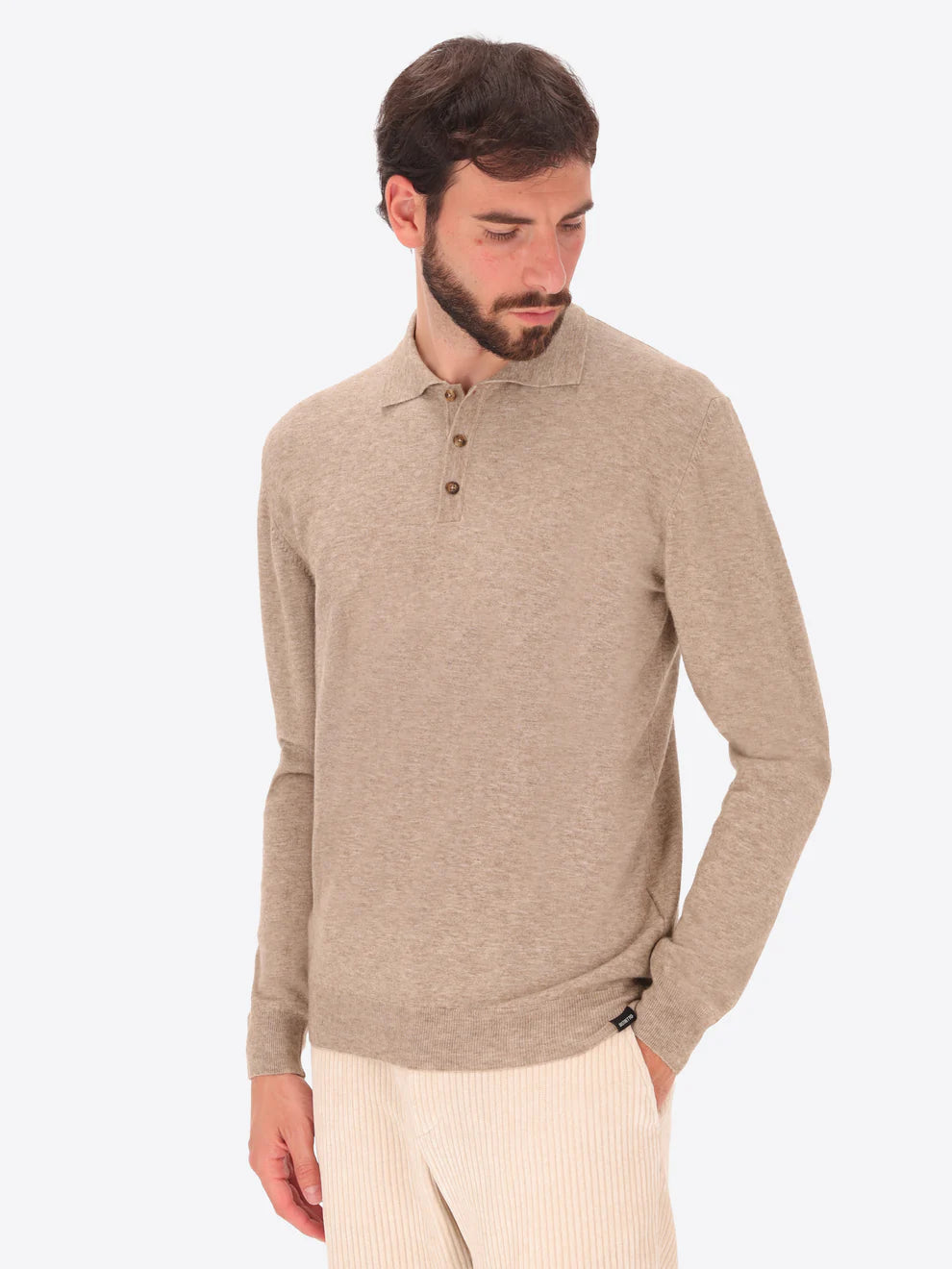 Male model wearing long sleeve polo shirt knitwear by distretto12 in mud colour