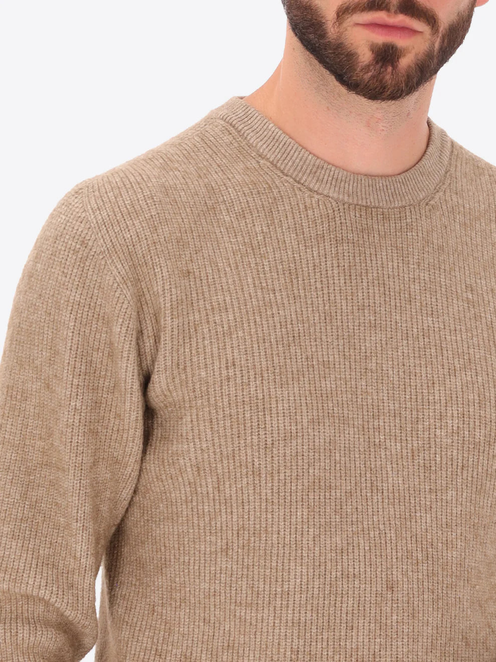 Male model wearing ribbed crew neck knitwear by distretto12 in dove grey with close up view