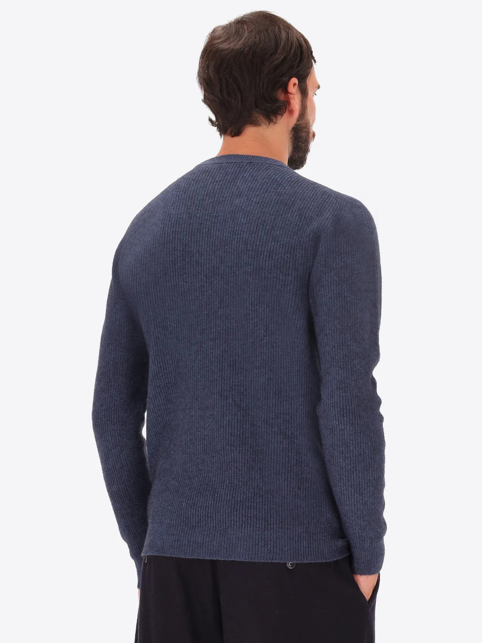 Male model wearing ribbed crew neck knitwear by distretto12 in blue with back view