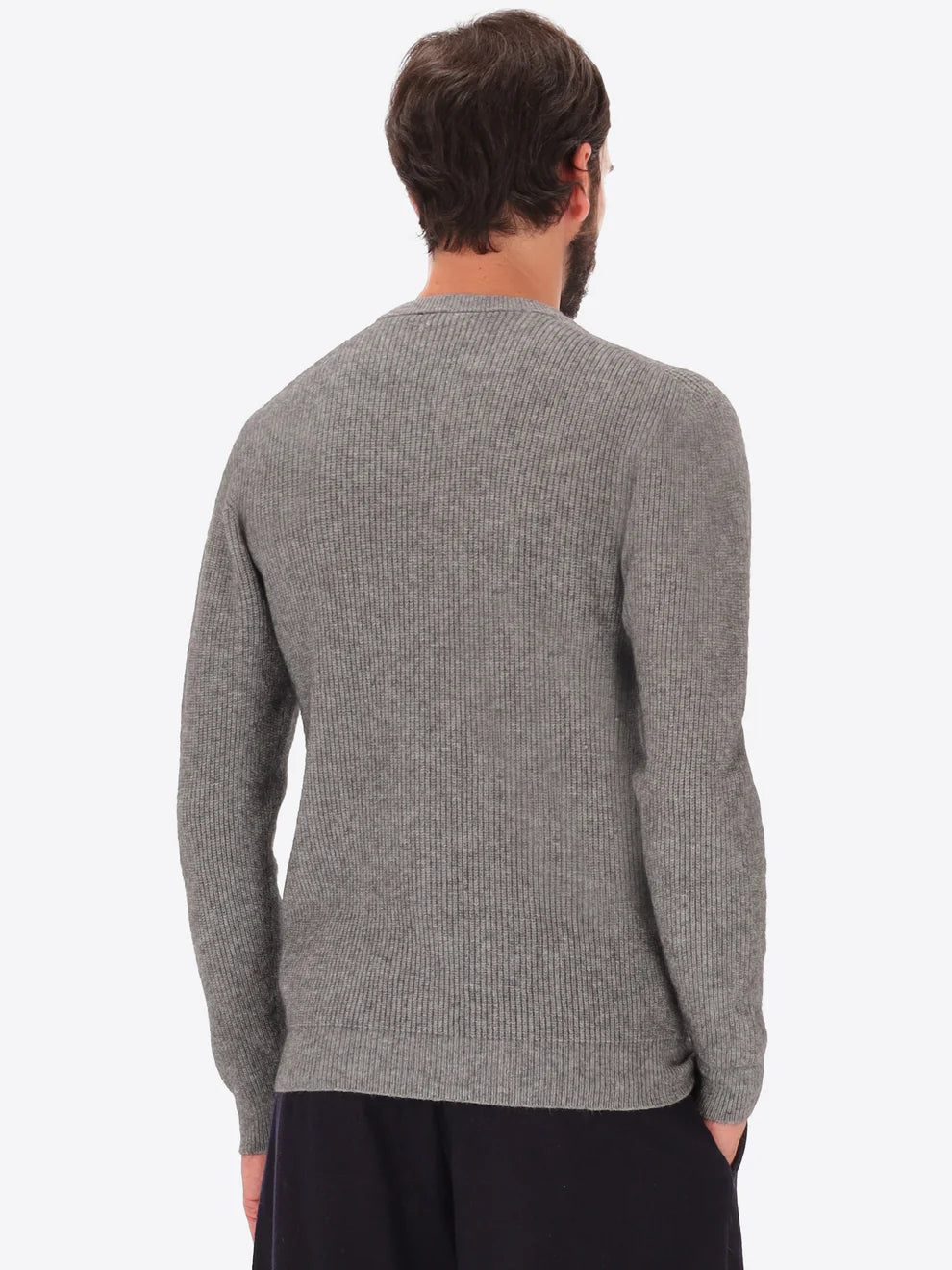 Male model wearing ribbed crew neck knitwear by distretto12 in grey with back view