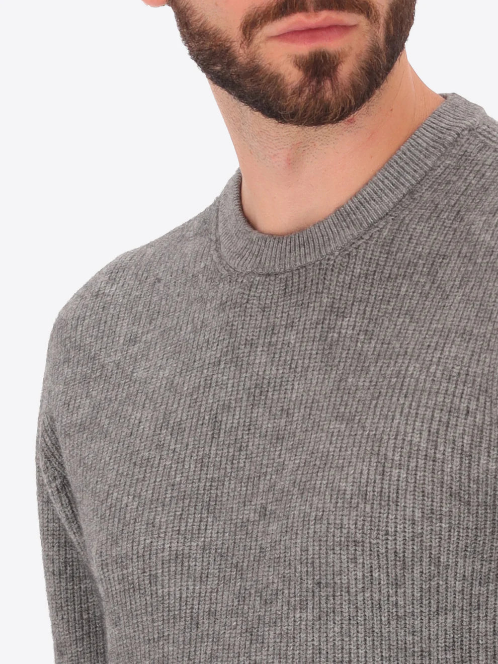 Male model wearing ribbed crew neck knitwear by distretto12 in grey with close up view