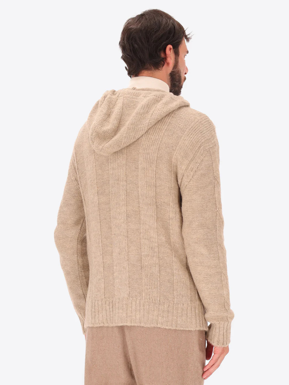 Male model wearing hooded knitwear by distretto12 in dove grey with back turned