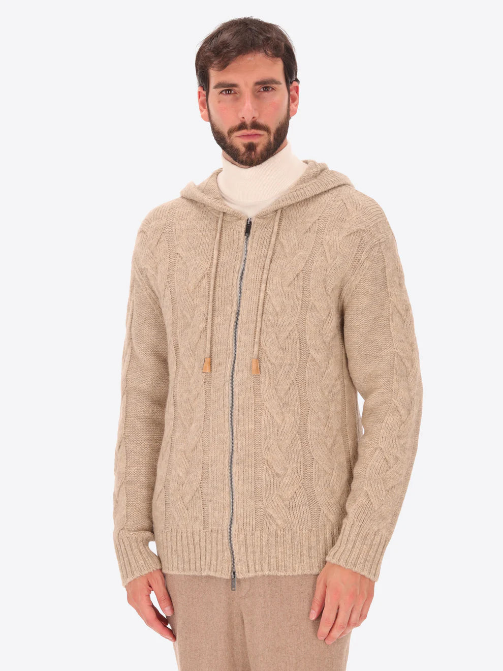 Male model wearing hooded knitwear by distretto12 in dove grey