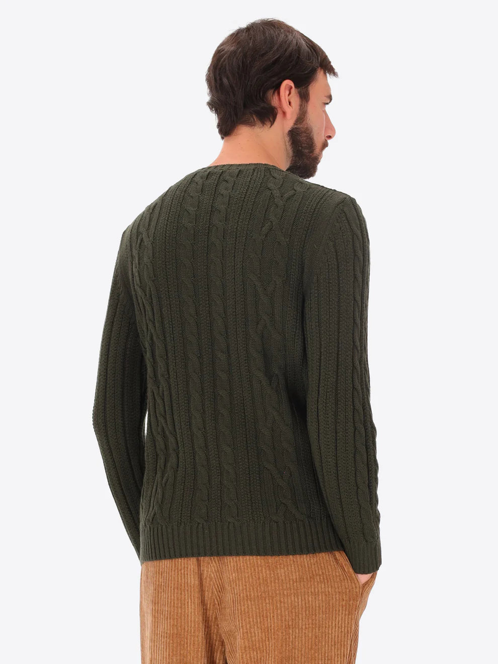Male model wearing crewneck knitwear by distretto12 in dark green with back turned