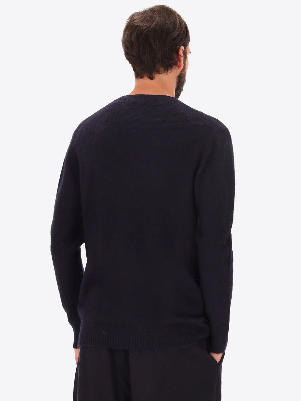 Male model wearing crew neck alpaca blend knitwear by distretto12 in navy with back turned