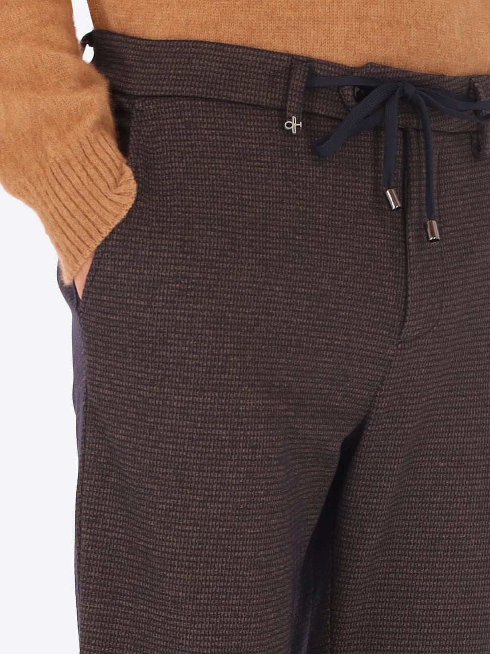 Dark brown Distretto12 trousers with micro check pattern on a male model showing drawstring
