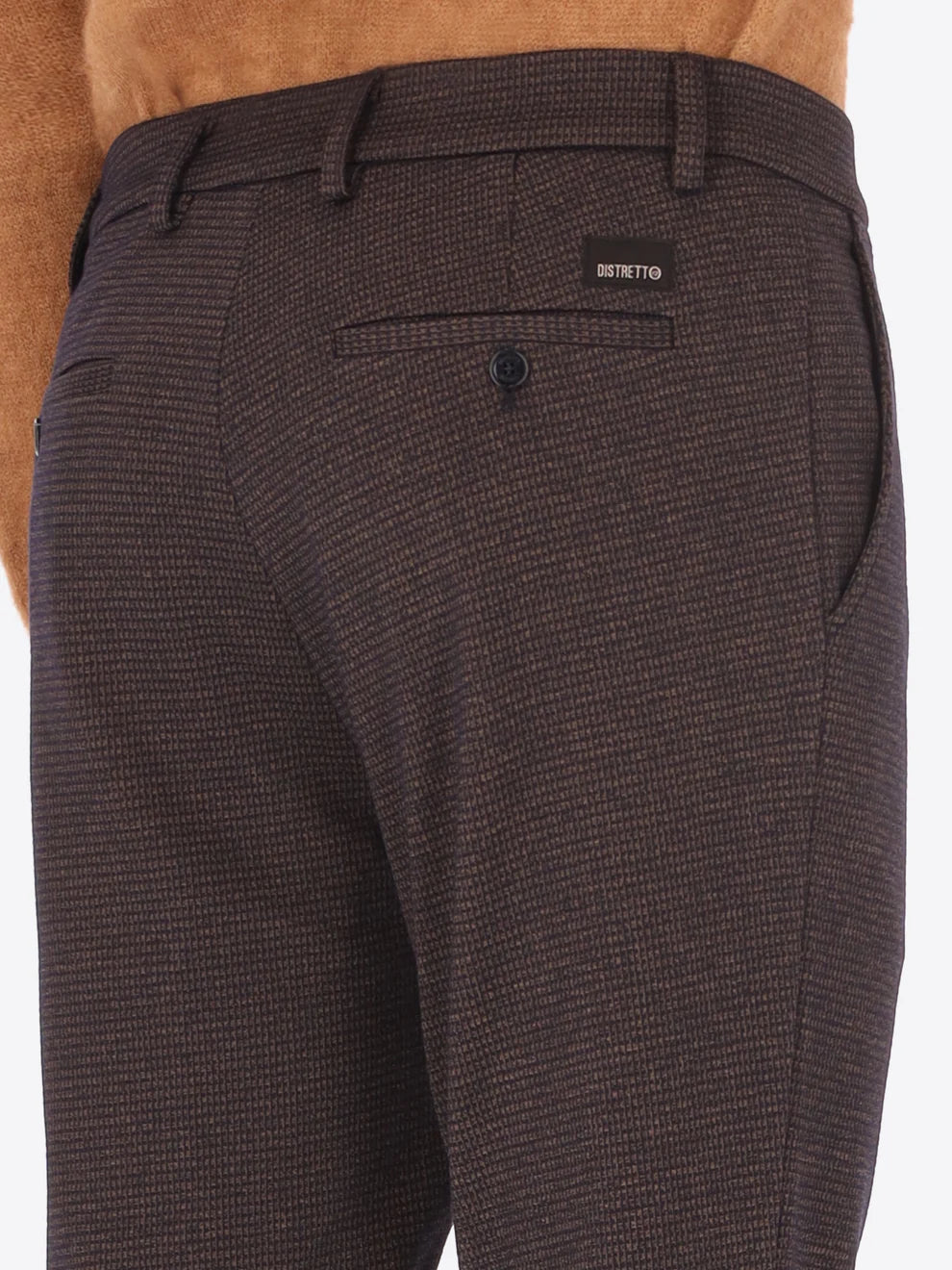 Dark brown Distretto12 trousers with micro check pattern on a male model with back pockets shown