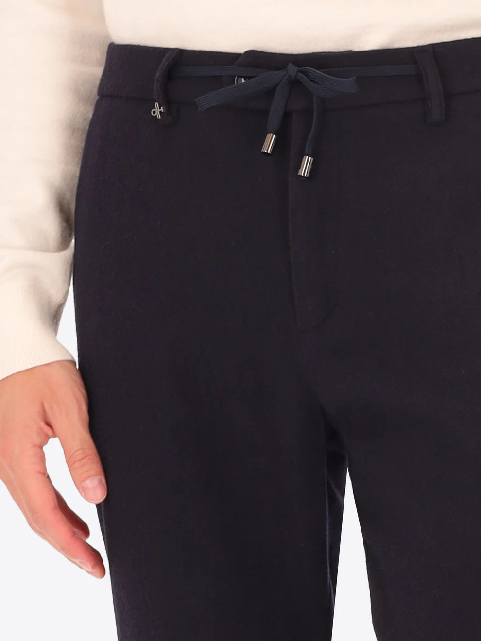 Navy Wool Blend Distretto12 trousers on a male model showing the retractable drawstring tied.