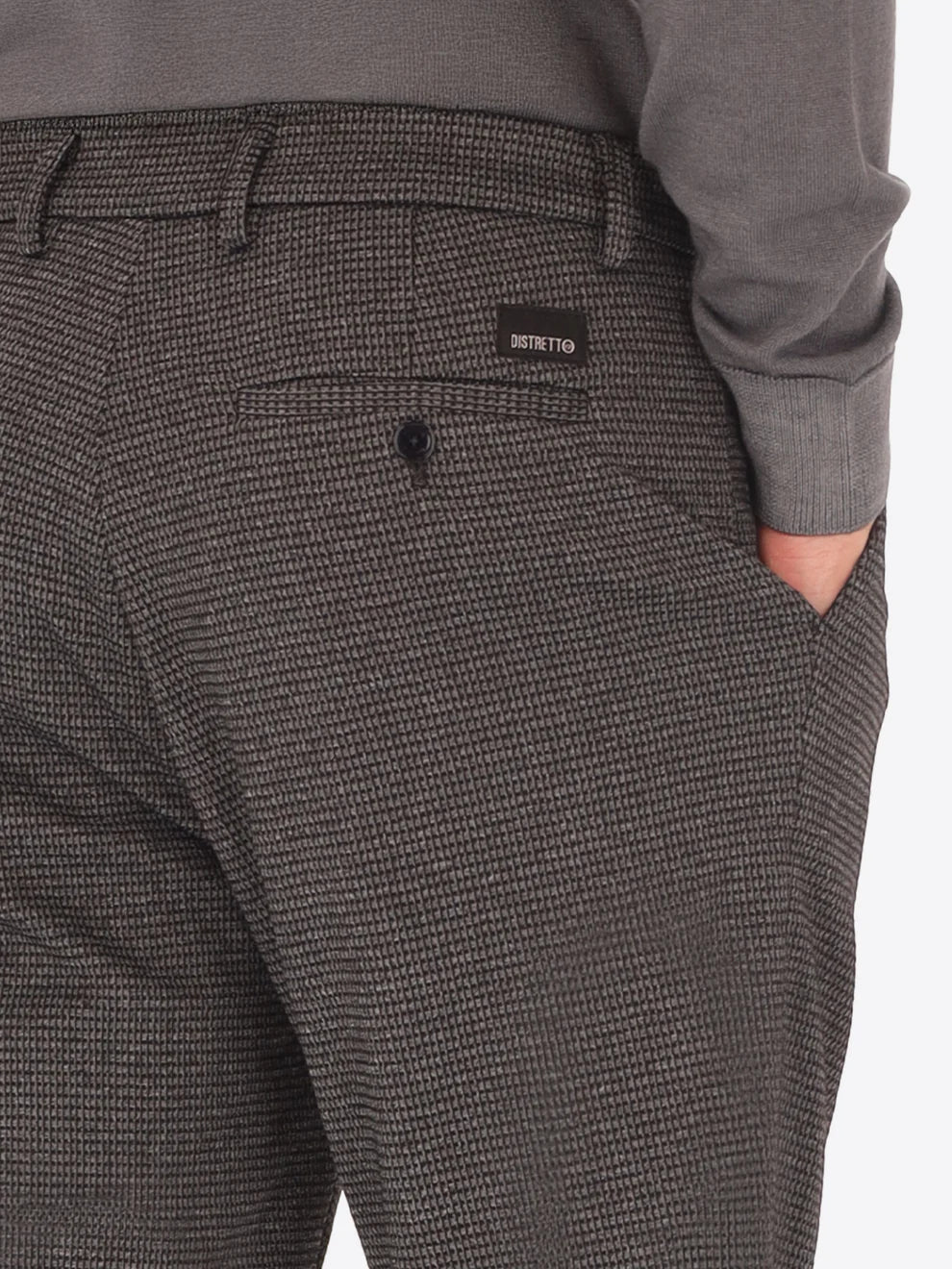 Grey Distretto12 trousers with micro check pattern on a male model with back pocket shown