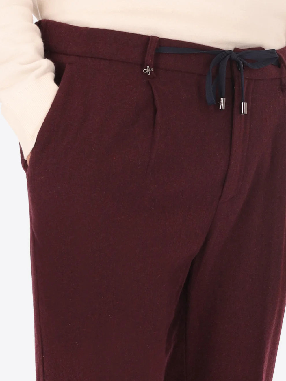 Maroon Wool Blend Distretto12 trousers on a male model with drawstring shown