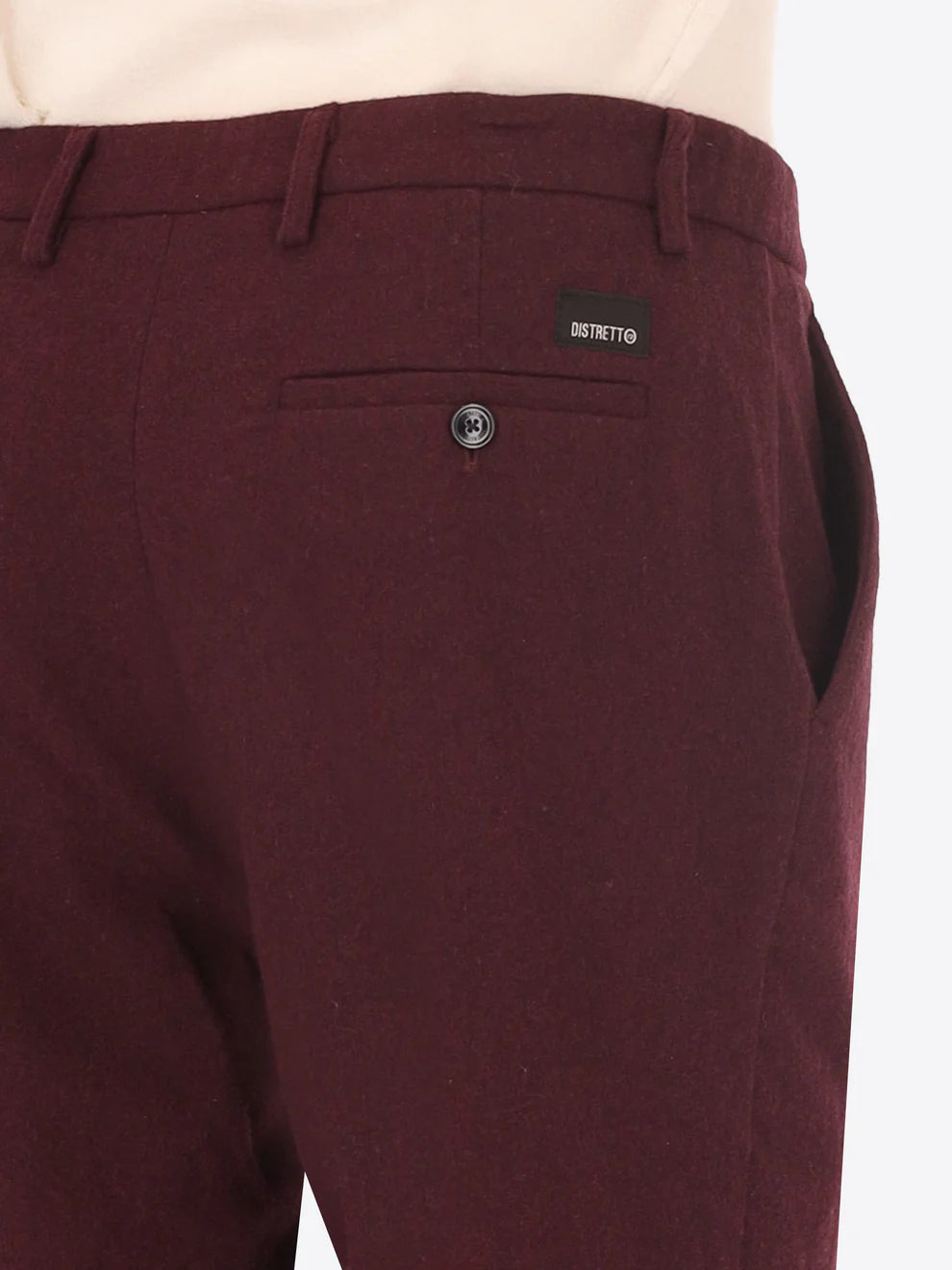 Maroon Wool Blend Distretto12 trousers on a male model showing back pockets