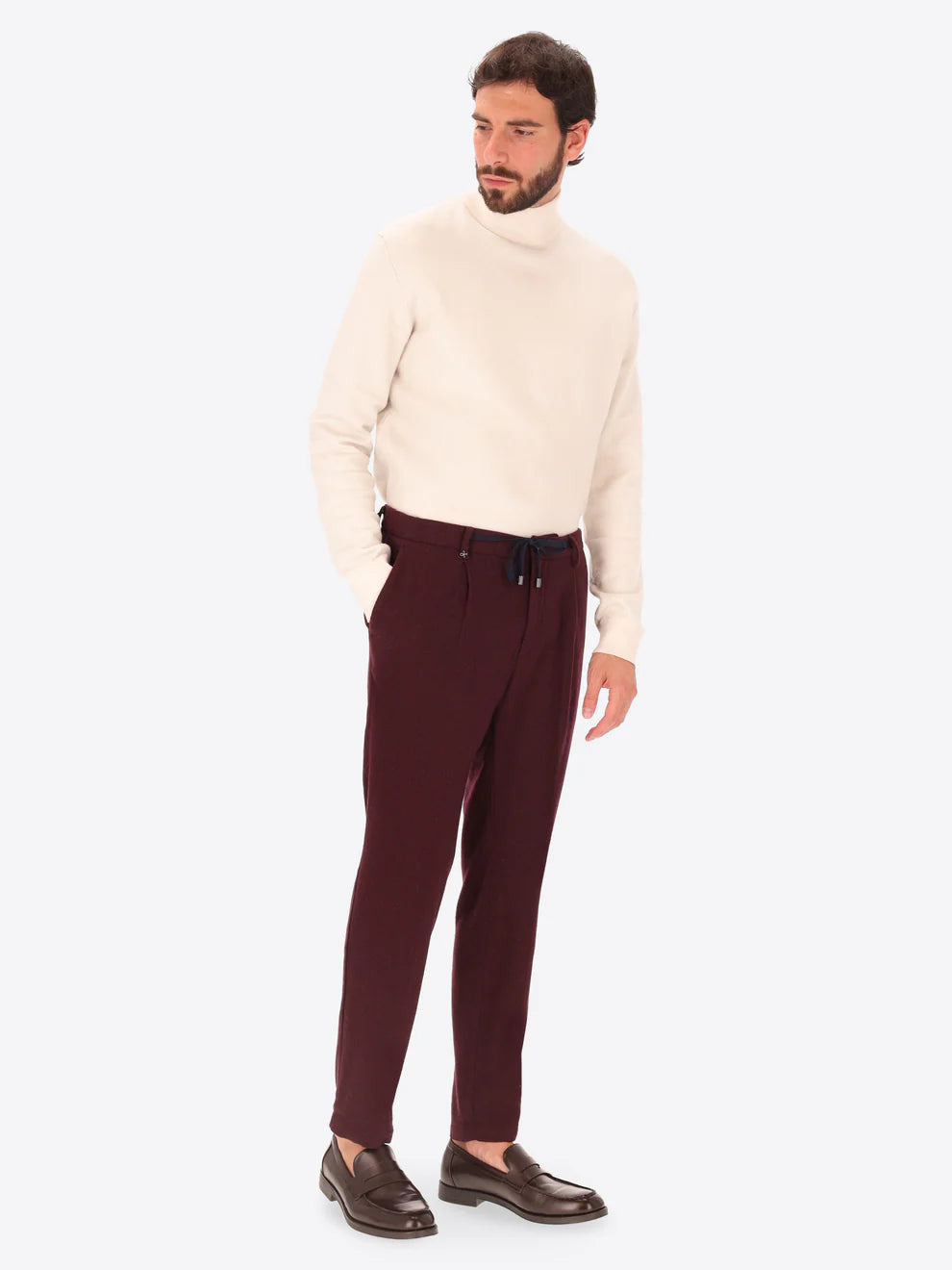 Maroon Wool Blend Distretto12 trousers on a male model wearing cream knitwear