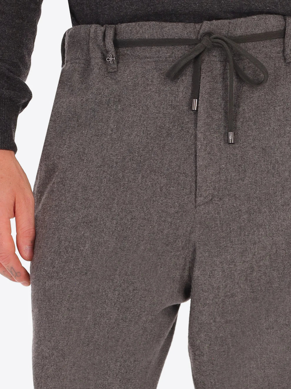 Grey Wool Blend Distretto12 trousers on a male model with the drawstring shown