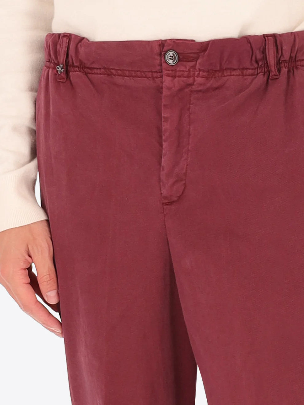 Maroon Cotton Blend Distretto12 trousers on a male model showing fly button