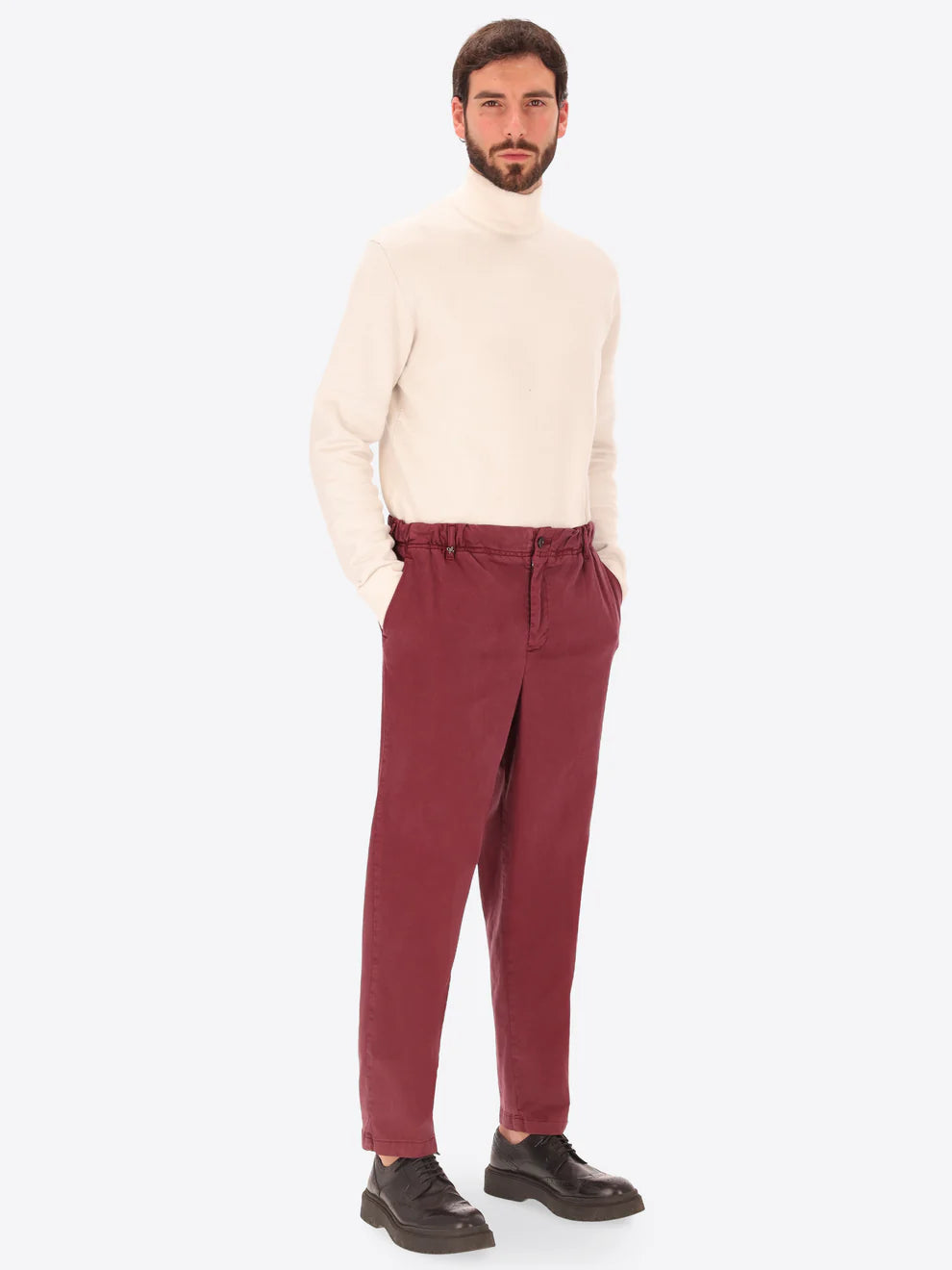Maroon Cotton Blend Distretto12 trousers on a male model paired with cream knitwear