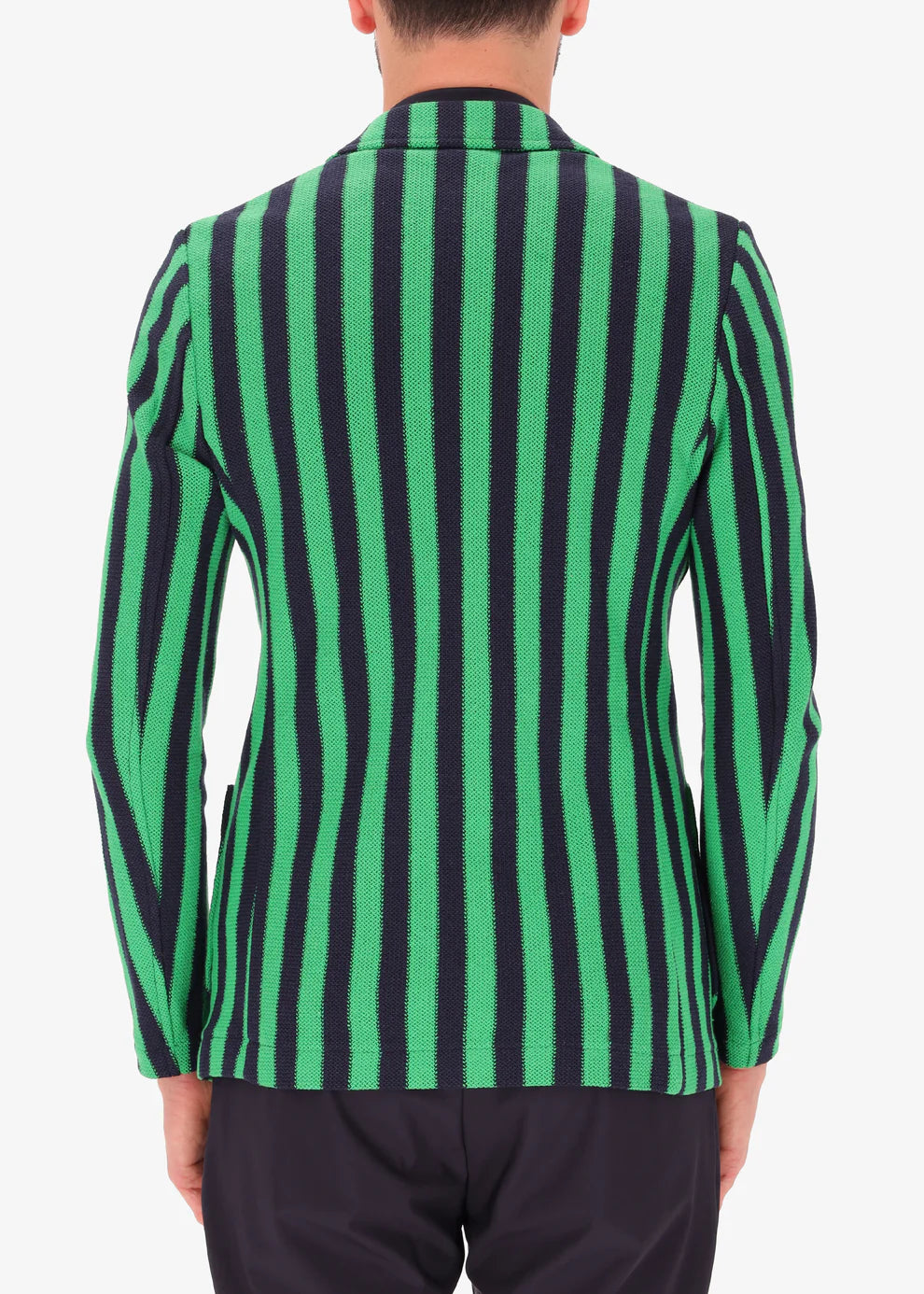 A back facing image of a model wearing Distretto 12 Jacket Sor in Green & Blue Stripes.