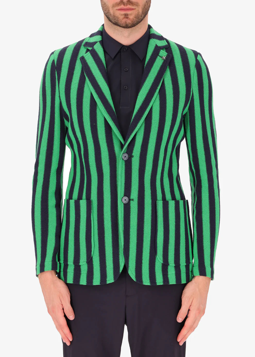 A front facing image of a model wearing Distretto 12 Jacket Sor in Green & Blue Stripes.