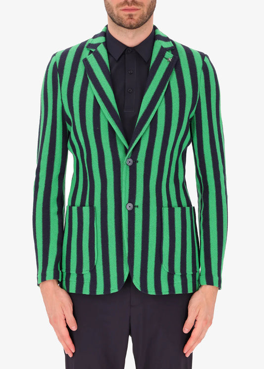 A front facing image of a model wearing Distretto 12 Jacket Sor in Green & Blue Stripes.