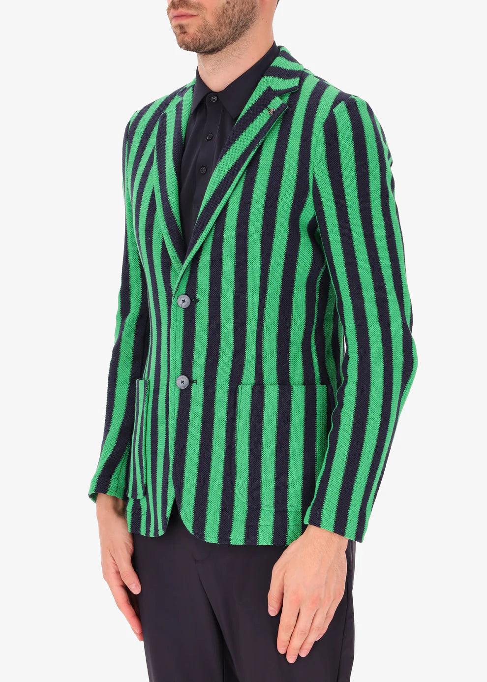 A side facing image of a model wearing Distretto 12 Jacket Sor in Green & Blue Stripes.