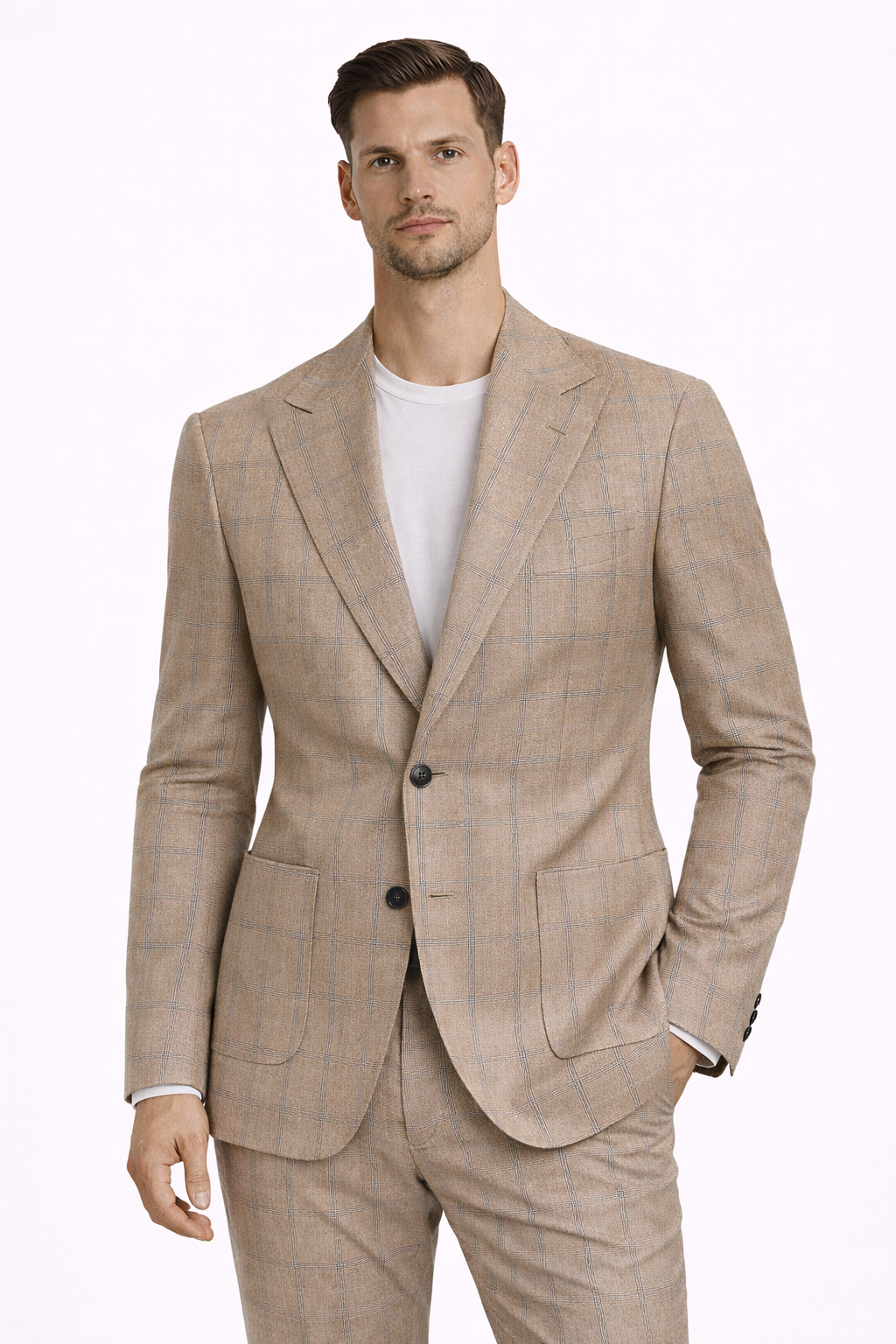 A model wearing a cotton suit from RPL with a check pattern