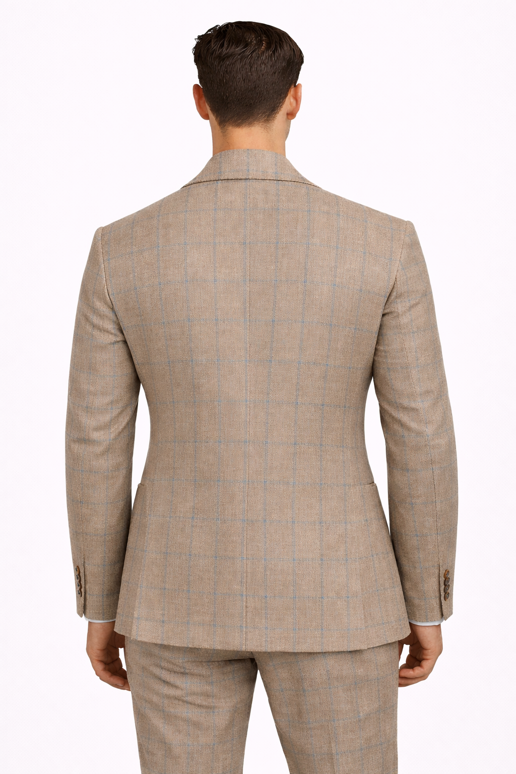 A model wearing a cotton suit from RPL with a check pattern from behind