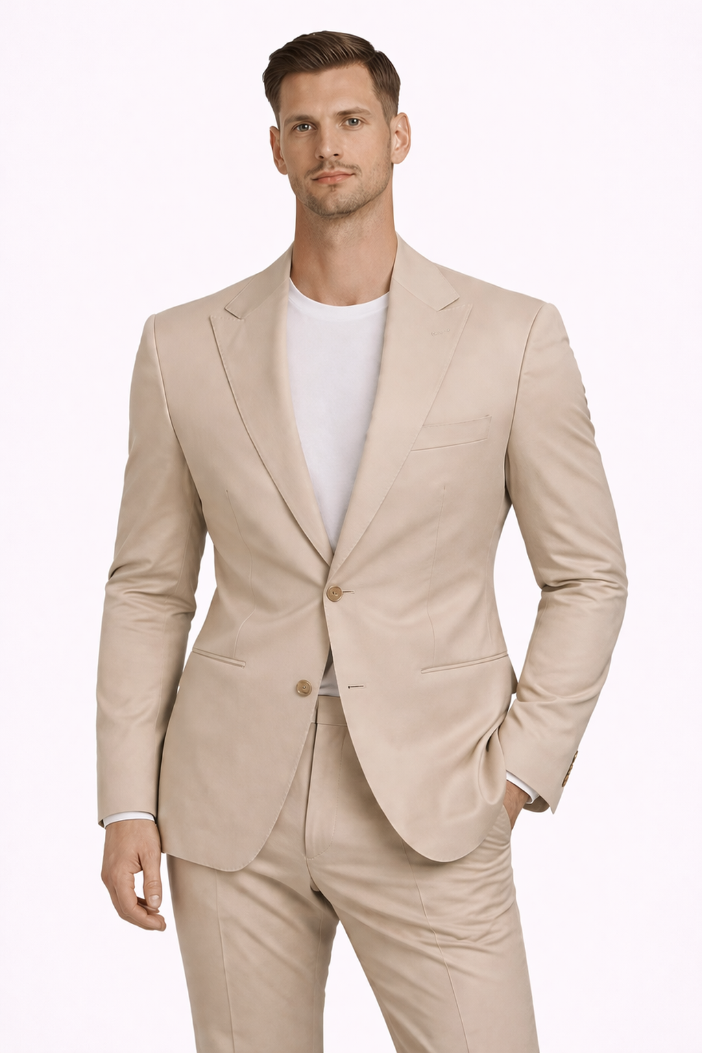 A model wearing a cream cotton suit from RPL 