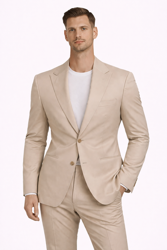 A model wearing a cream cotton suit from RPL 