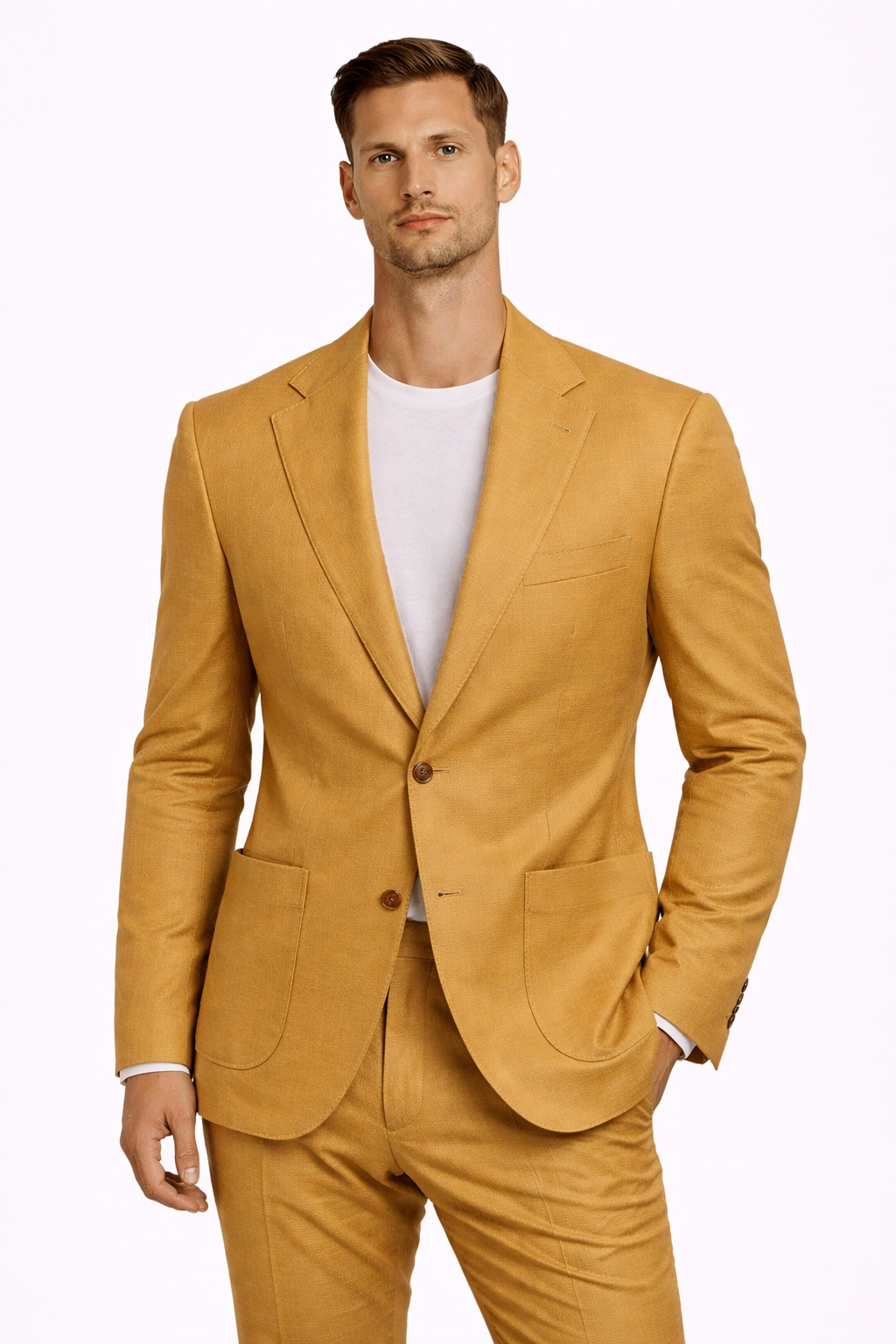 A model wearing a mustard coloured wool blend suit from RPL 