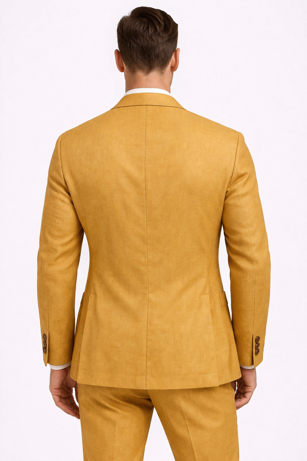 A model wearing a mustard coloured wool blend suit from RPL from  behind