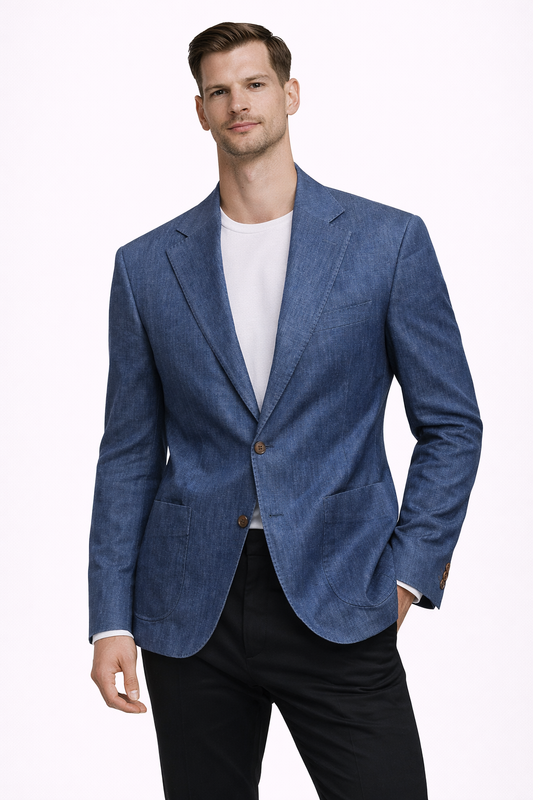 A model wearing a denim coloured cotton blend suit from RPL 
