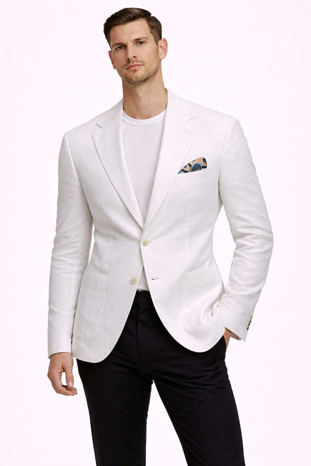 A model wearing a suit from RPL in off white