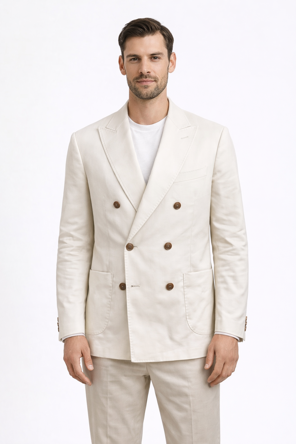A model wearing a cotton blend double breasted suit from RPL in cream