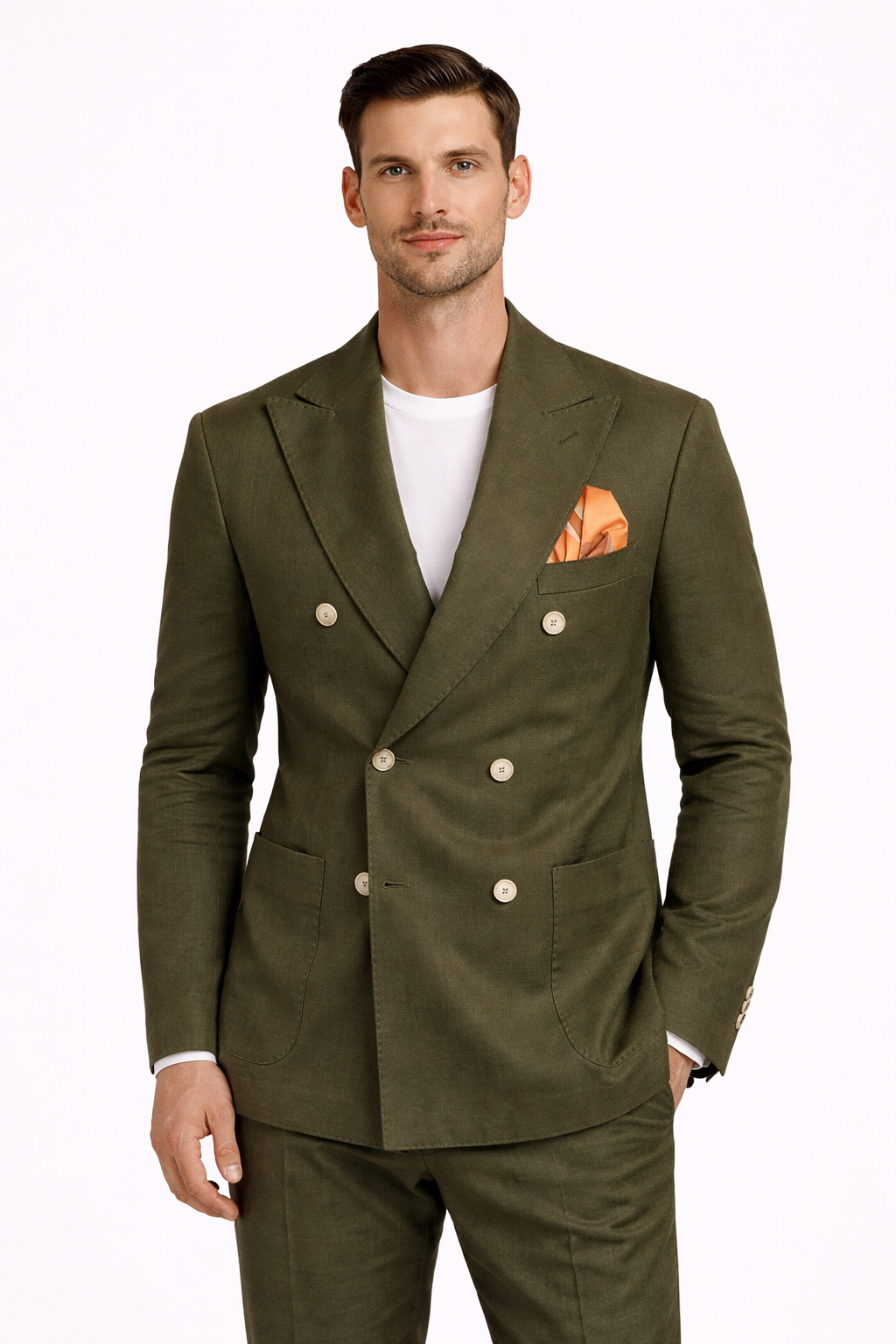 A model wearing a linen blend double breasted suit from RPL in green