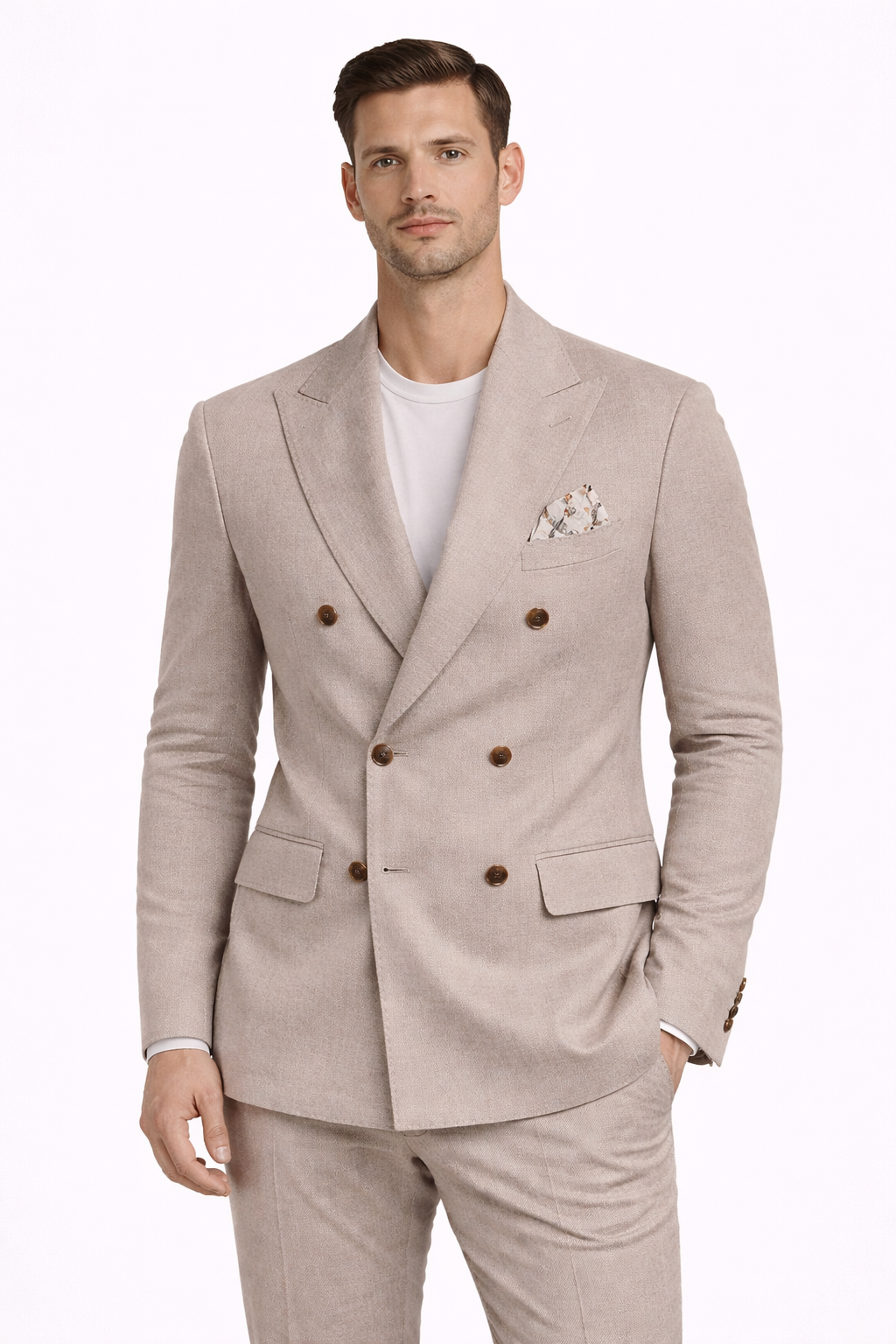 A model wearing a double breasted cotton blend suit from RPL 