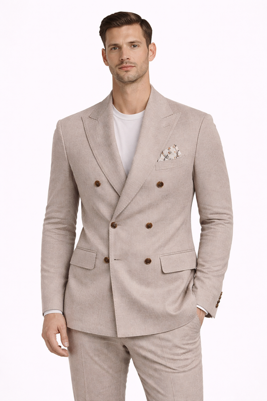 A model wearing a double breasted cotton blend suit from RPL 