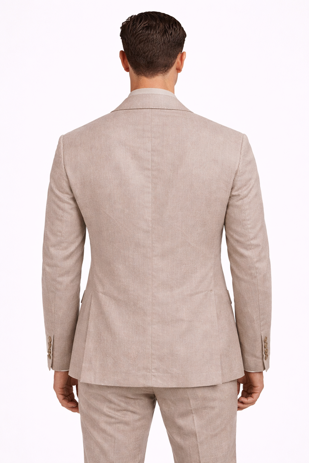 A model wearing a double breasted cotton blend suit from RPL  from behind