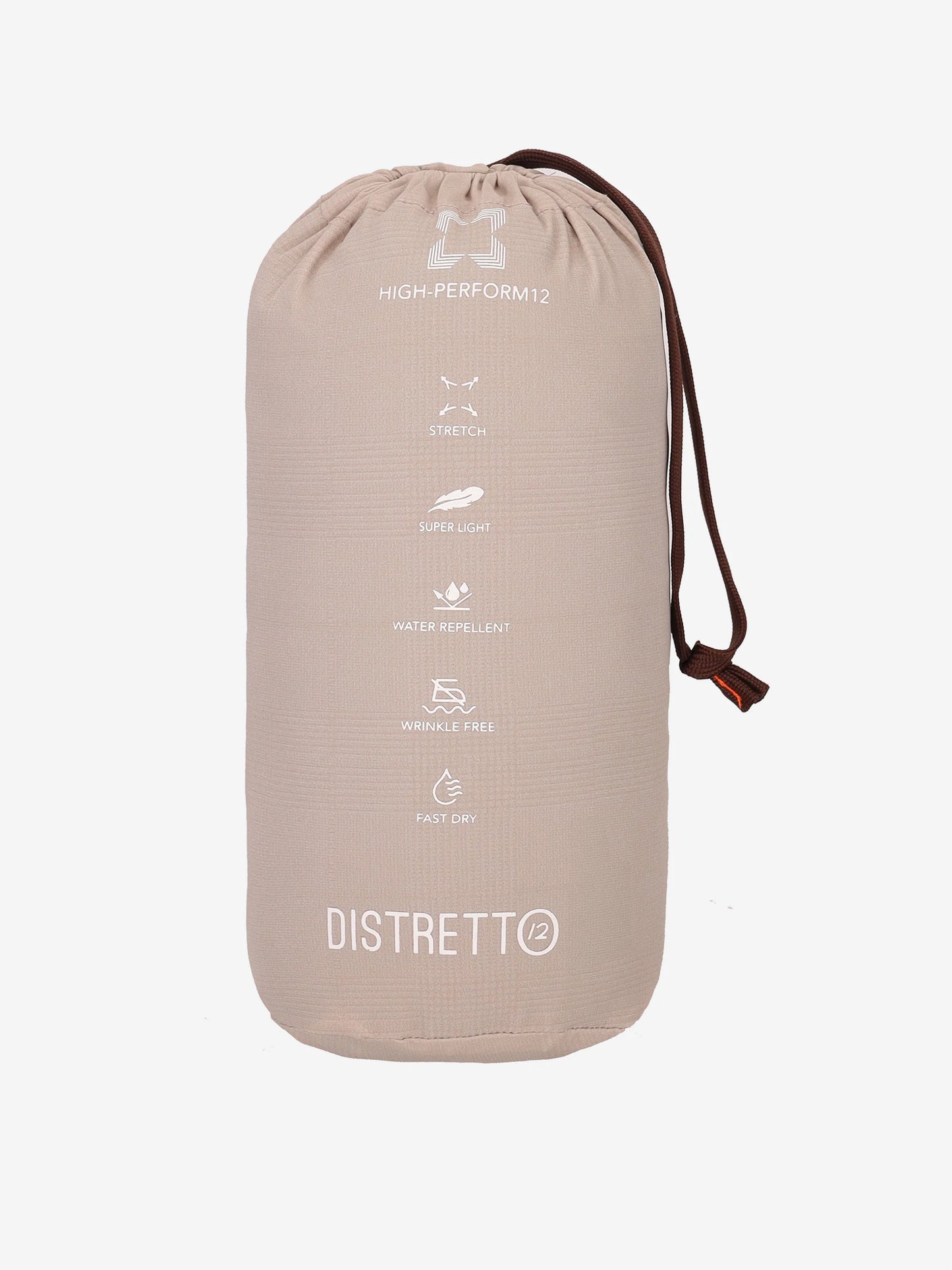A picture of Distretto 12 Jacket Quercia folded into it's travel bag.