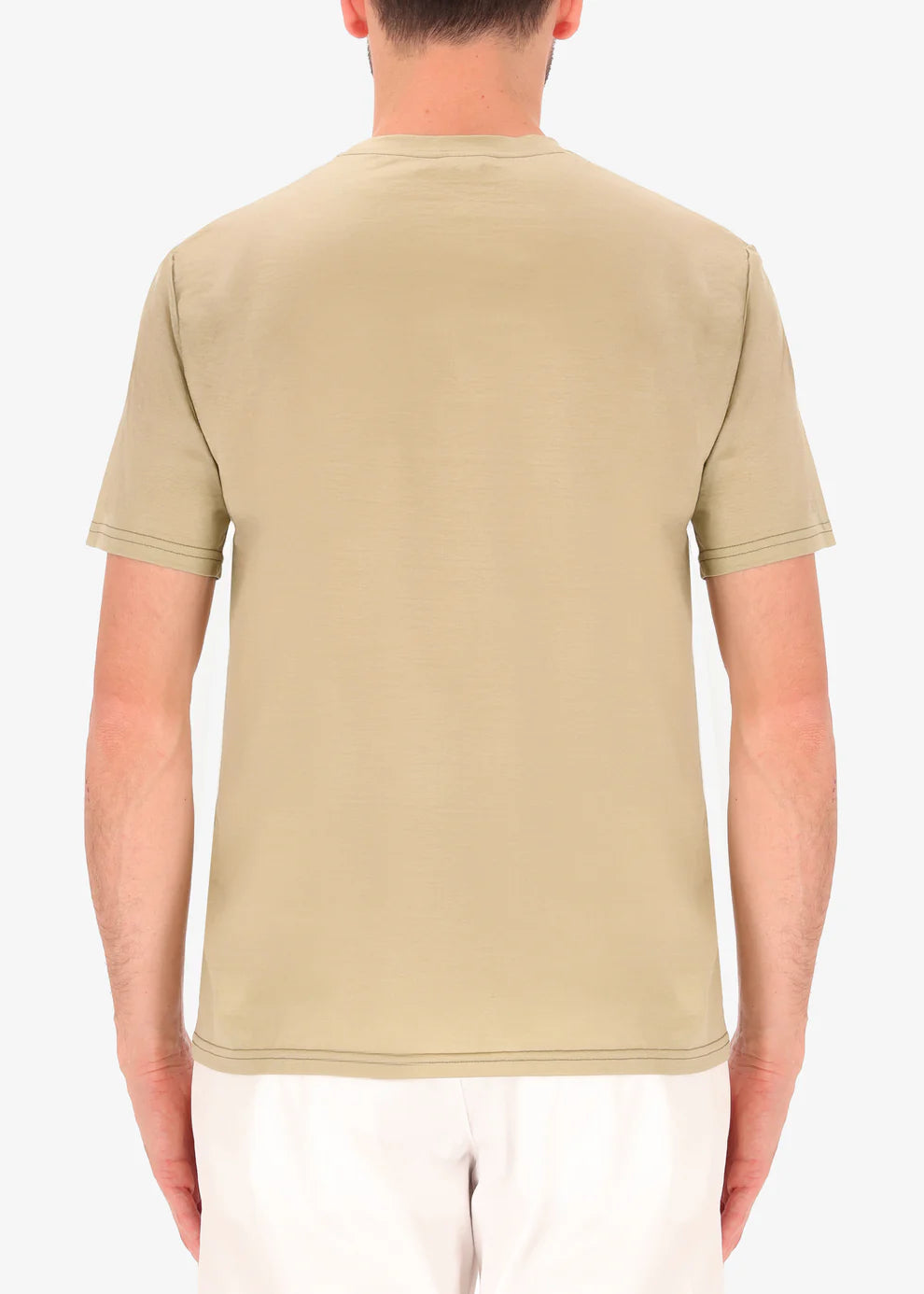 A back facing image of a model wearing Distretto 12 T-Shirt Scot in sage.