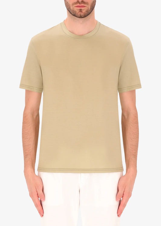 A front facing image of a model wearing Distretto 12 T-Shirt Scot in sage.