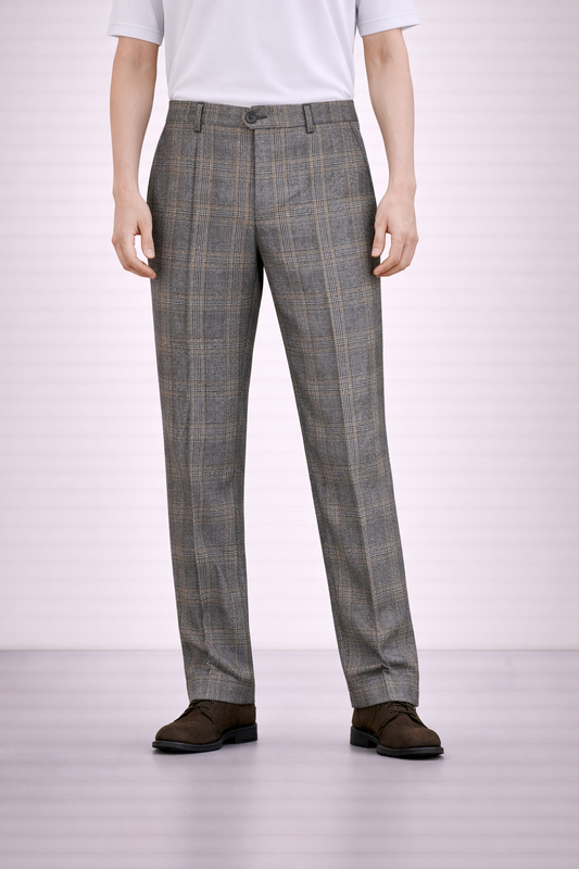 An image of a model wearing Germano 1952 grey trousers with check pattern.