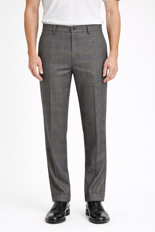 An image of a model wearing Germano 1952 trousers with check containing blue & grey.