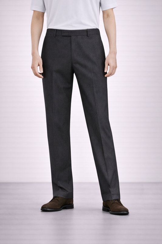 An image of a model wearing Germano 1952 charcoal trousers with slim fit and single pleat.