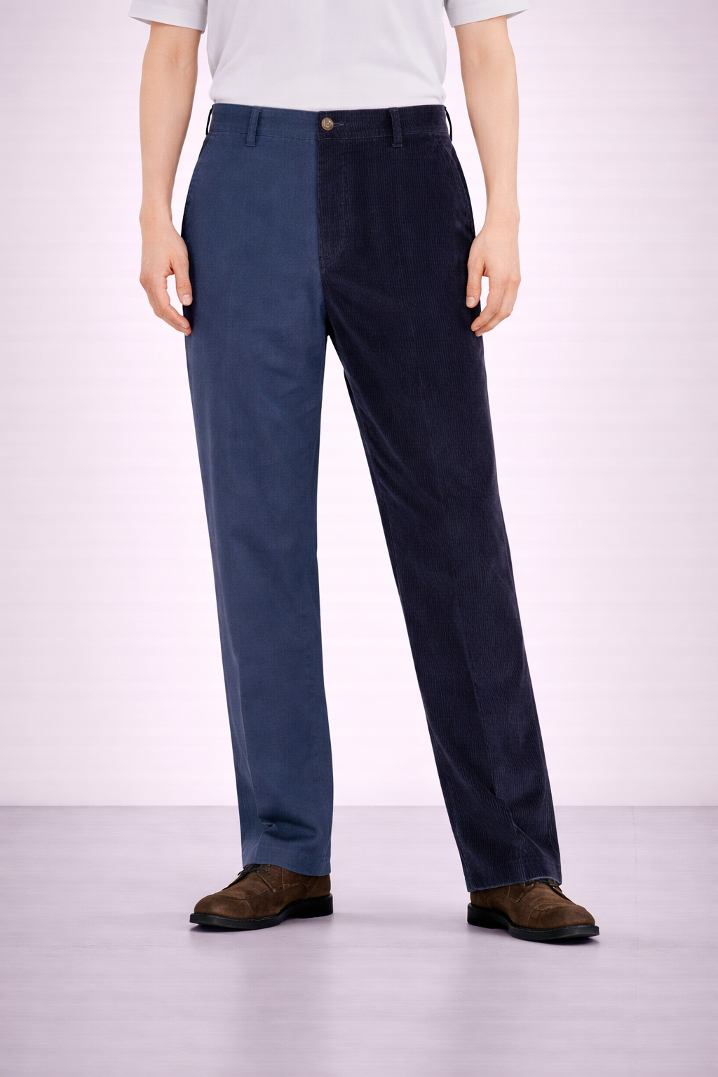 An image of a model wearing Germano 1952 blue trousers with one leg cotton & the other in corduroy.