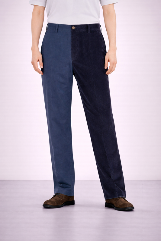 An image of a model wearing Germano 1952 blue trousers with one leg cotton & the other in corduroy.