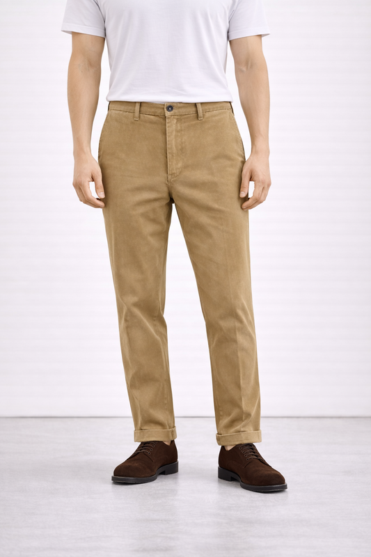 An image of a model wearing Germano 1952 tan chinos.