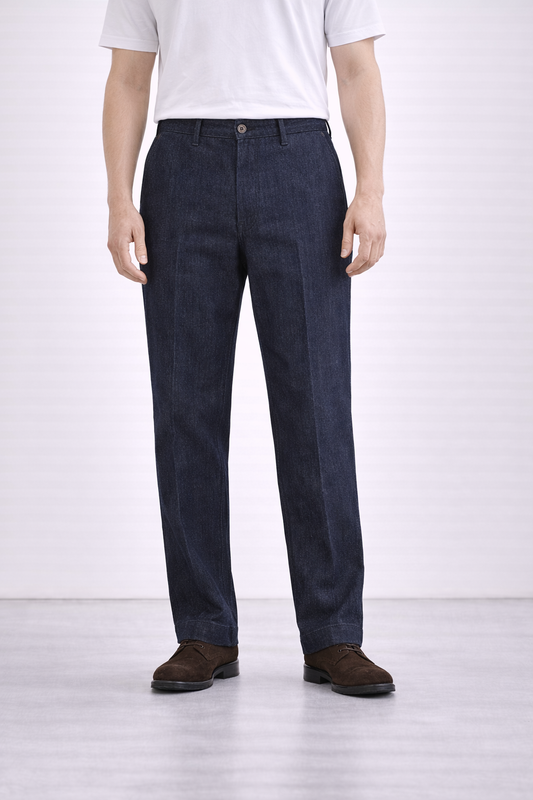 An image of a model wearing Germano 1952 denim trousers with a pleat.