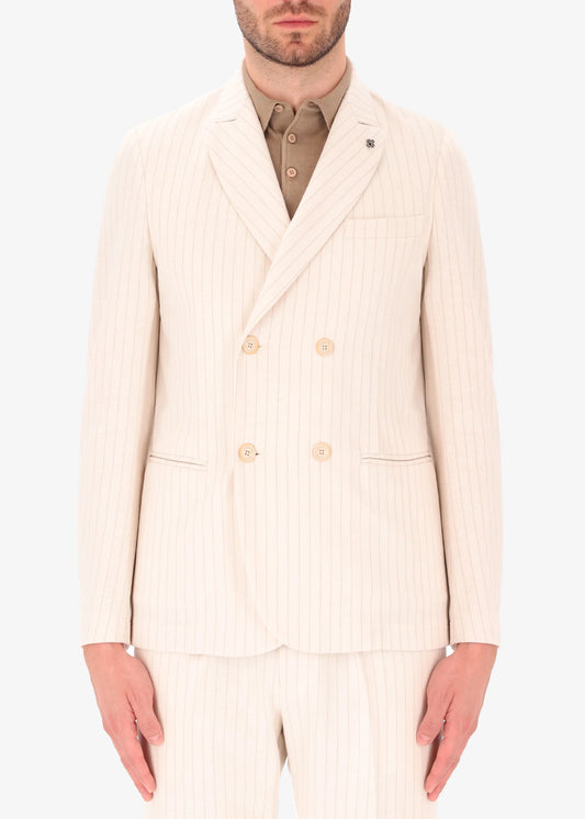 An image of a model wearing Distretto 12 Double Breasted Jacket Luci in cream.
