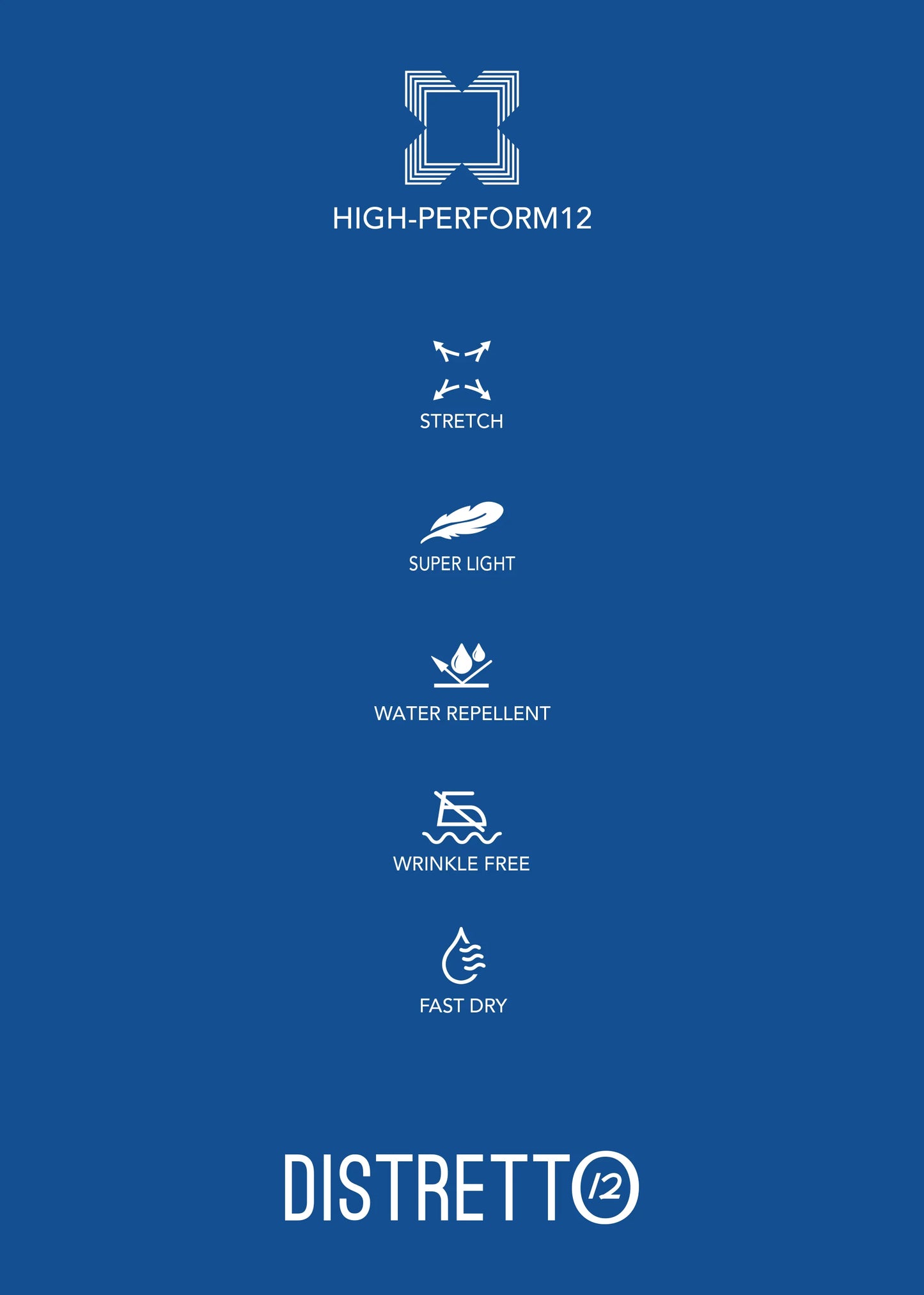 An image displaying the properties of crease free, lightweight Distretto 12 active wear.